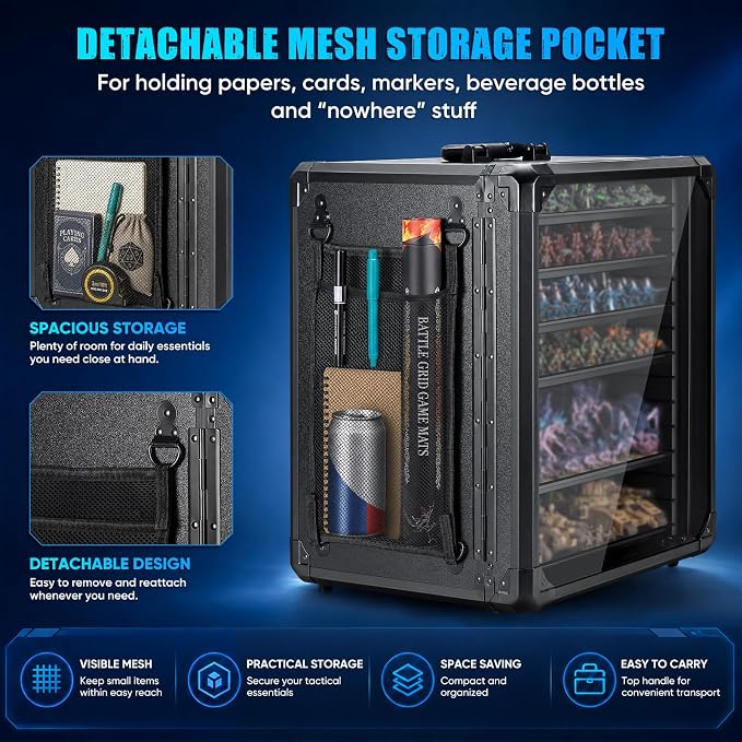 ONULISS Miniature Carrying Case with Side Mesh Pouch 6 Trays (X-Large Size) | Miniature Storage & Transport Case - Aluminum Alloy Frame & 6 Metal Trays for Display Figure Collectibles 15.9” x 12.9” x 18”