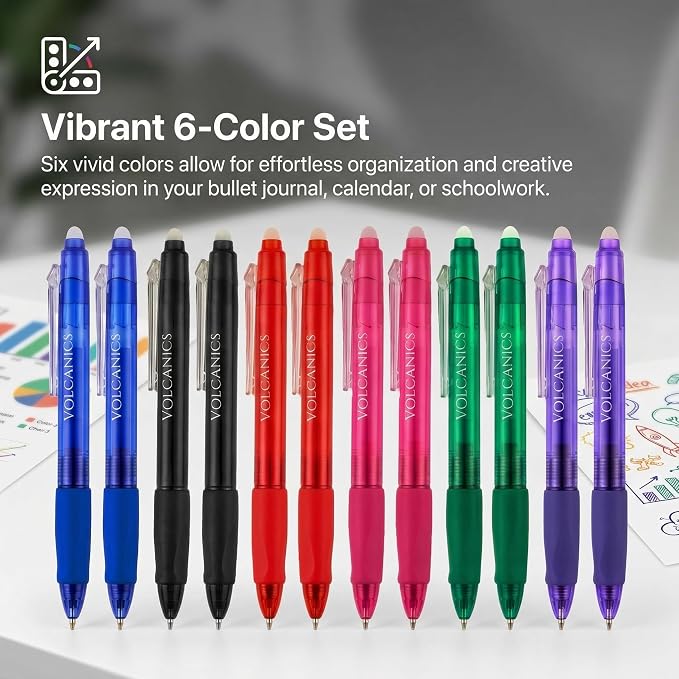 Volcanics Erasable Gel Pens, 36 Pack, 6 Colors, 0.7mm Fine Point