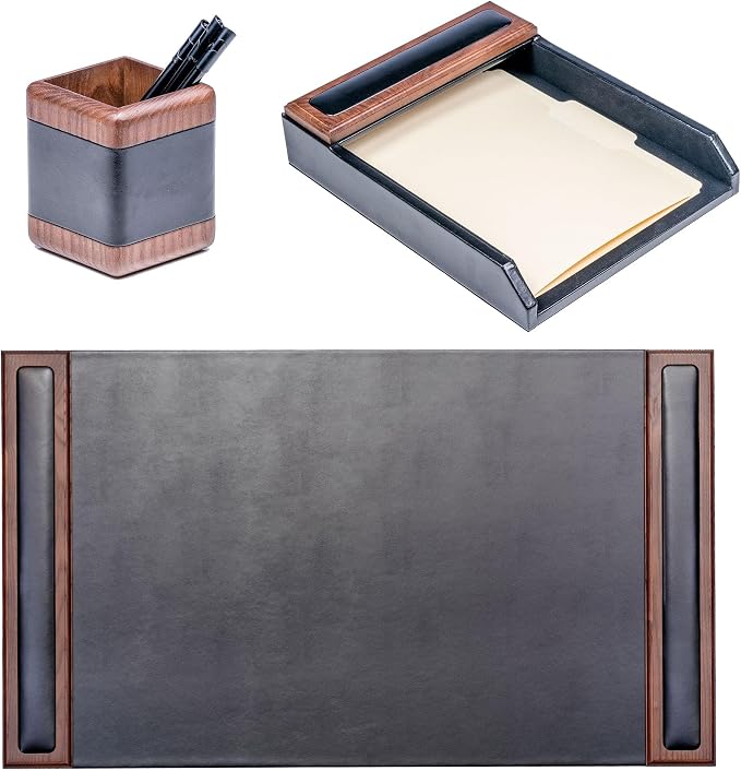Dacasso Walnut and Leather Desk Set, 3-Piece