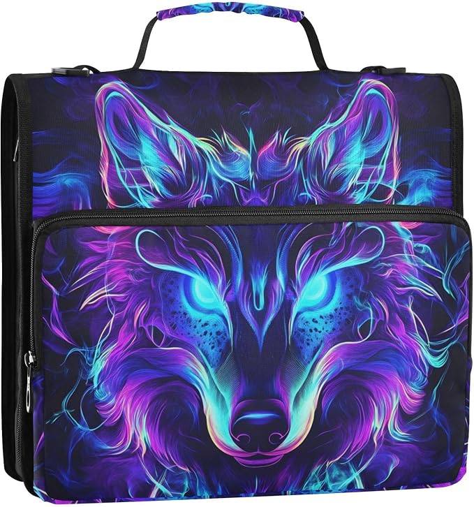 Mystical Wolf Face 3 Ring Binder Bag 1.5 inch Binder Organizer with Zipper Shoulder Strap 500 Sheet Documents Storage for School Office