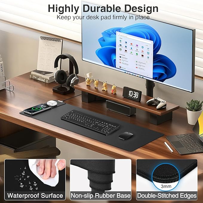 Magnetic Wireless Charging Mouse Pad, 27.5"x11.8" in, Black | Gaming Desk Mat with Superior Stitched Edges, Non-Slip Base, Waterproof Smooth Desk Writing Pad for Gamer, Office & Home