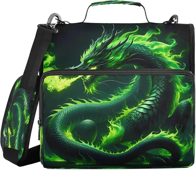 3 Ring Zipper Binder With Shoulder Strap Documents Storage Organizer Green Fire Dragon