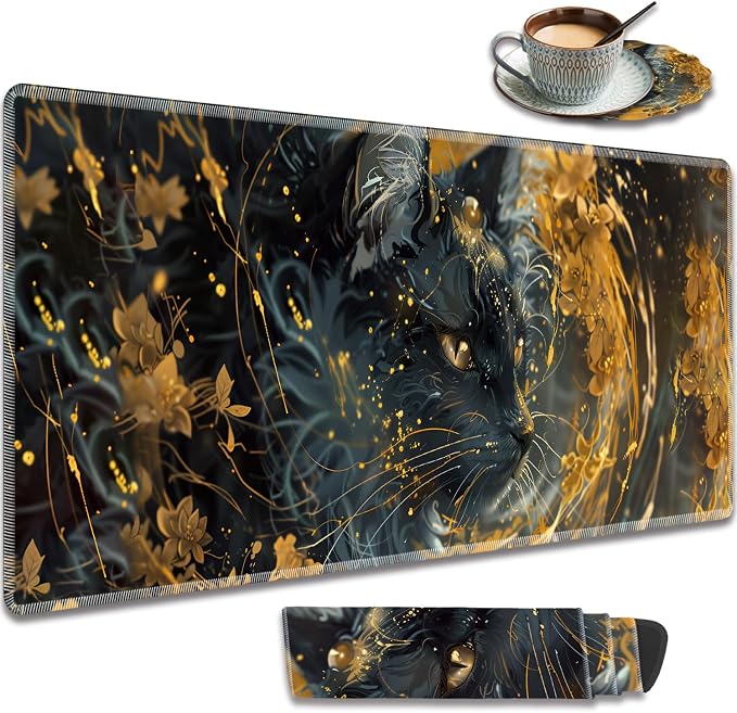Extended Gaming Mouse Pad 31.5" x 11.8", with Edge Stitching, Non-Slip Rubber Base Keyboard Pad, Suitable for Work, Game, Office, Home and Coasters, Black Cat with Gold Floral