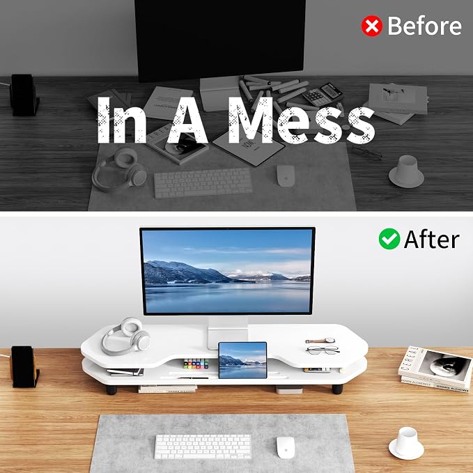 AFOOYO 2 Tier Dual Monitor Stand Riser,Wider Board Computer Monitor Stand for 2 Monitors,Slot For Phone/Tablet Office Desktop Organizer for Laptop,PC,Computer,Printer,White