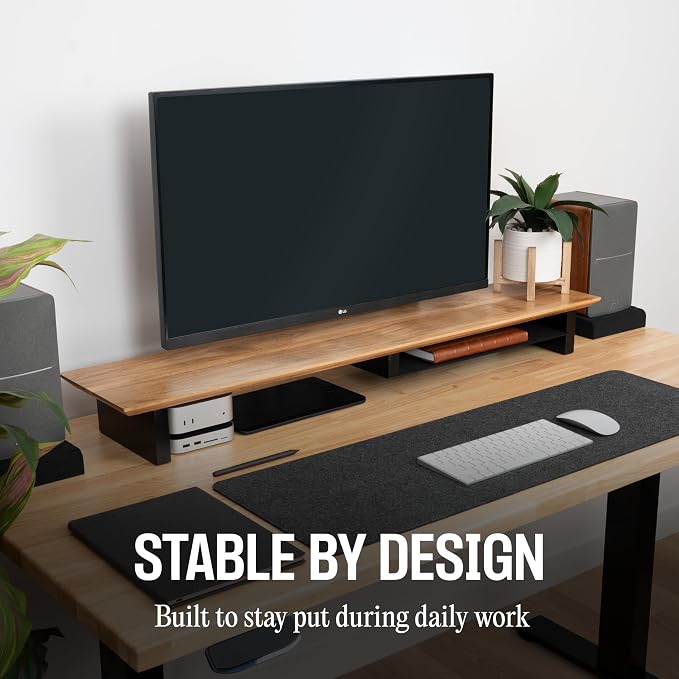 COREMINDED Solid Wood Dual Monitor Stand Riser, 42 Inch Oak Desk Shelf | Fits 2 Monitors, Sturdy & Stable Solid Wood, Under Monitor Keyboard Storage, Office Desktop Organizer, Easy Assembly, Oak