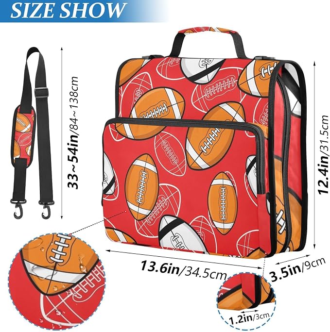Sports Football Red Print Zipper Binder Bag 3 Ring with Shoulder Strap & Handle Multi Pocket Binder Organizer Bag Large Capacity for School Office Supplies