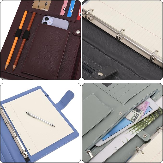 Wonderpool A4 PU Leather 3 & 4 Ring Holder Writing Portfolio Multi Document Case with Removable Binder Clipboard and Functional Pocket for Organizer Office Travel School (Coffee)