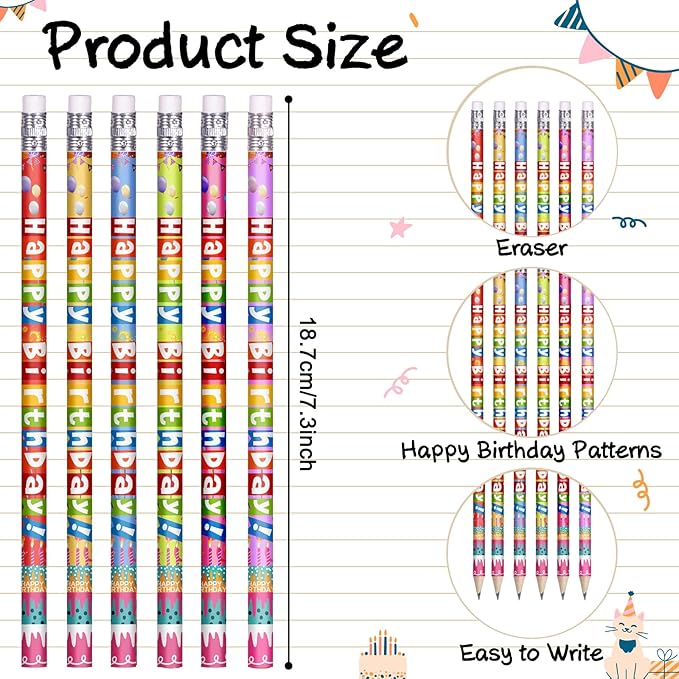 48 Pcs Happy Birthday Pencils Colorful Birthday Pencil for Students Teacher Wooden Pencils with Erasers Birthday Party Supplies, 6 Style(48)