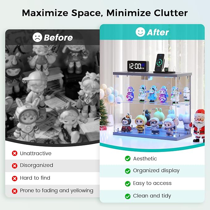Dystler Glass Display Case with LED Lights, Small 2-Tier for Figures | Lighted Display Cabinet with Motion Sensor, Clear Tempered Glass Door, USB-C Charging Hub for Collectibles, Rocks, Tabletop