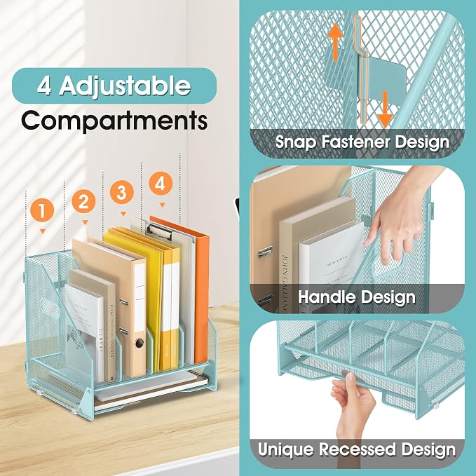4 Vertical Mesh Desk Organizer with Paper Letter Tray, Blue | Sorting racks with lower letter tray section. Multipurpose mesh desktop space saver for home office and school