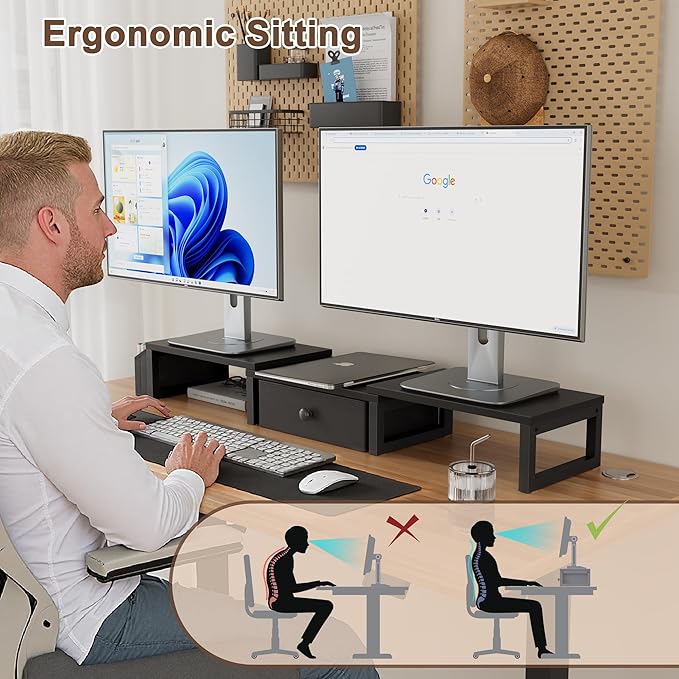 LAND·VOI Dual Monitor Stand with Drawer and Side Pockets, Monitor Riser for Desk, Home Office Desk Storage, Multi-Scenario Adaptation for Work and Entertainment, Black, HMS02BK