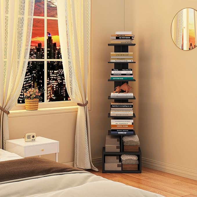 TUTOTAK Book Shelf, Narrow Spine Bookshelf, 8-Tier Bookcase for Small Space | 10.4 x 11.8 x 47.5 Inches Vertical Freestanding Corner Shelf for Living Room, Office, Study, Entryway, Black BS07BK008