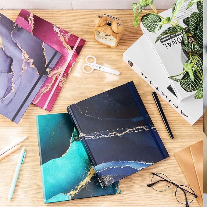 Colarr 4 Pcs Mini 3 Ring Economy Binders for 5.5" x 8.5" Paper for School, Office and Home Use, Cute Marble Small 1 Inch Round Three Ring A5 Binders with Elastic Cord, Decorative Hardcover
