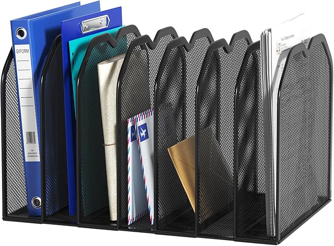 FANXIYQ Black 7-Section File Folder Organizer for Desk, Metal Vertical File Holder Stand, Desktop File Organizer Rack for Letter/A4 Folders, Papers, Books, Office Classroom Home