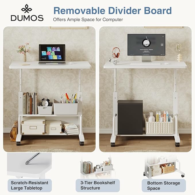 DUMOS Rolling Desk, Storage Shelves, Laptop Table, Home Office | Height Adjustable Design, Computer Desks on Wheels, Portable for Small Spaces Use, White