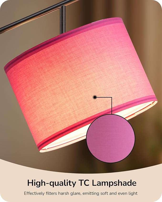 EDISHINE Pink Modern Floor Lamps for Living Room, 64.7" Arc Standing Lamp | 3CCT LED Bulb Included, Adjustable Linen Shade, Foot Switch, Tall Light for Office, Bedroom, Living Room