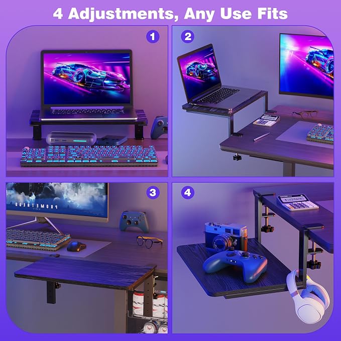 Desk Extender, 15-inch Clamp-On Desk Shelf, Height-Adjustable Desktop Shelf Organizer for Monitors Office and Gaming Accessories, Arm Support Table Extension, 44lbs Heavy Duty, Black