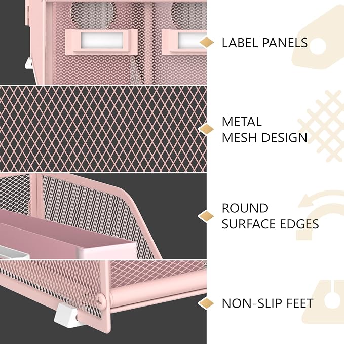 DALTACK 5-Slot Magazine File Holder, Metal Binder Holder, Pink | Iron Mesh Construction, Labeled Sections for Easy Sorting, Anti-Slip Feet, Binder and Folder Storage for Office, Classroom