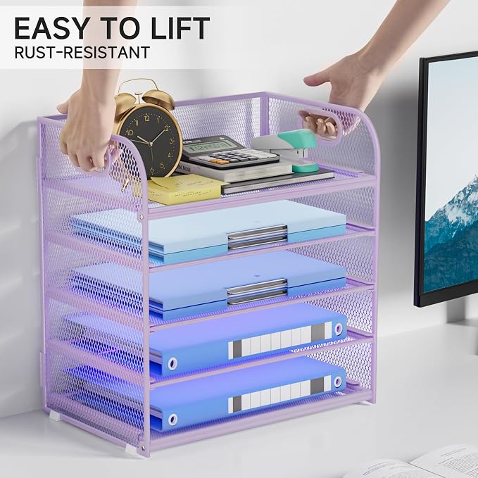 5-Tier Stackable Paper Organizer with Handle, Purple | Metal Mesh Letter Tray, Elegant Desk File Sorter for Office, Home & Classroom Organization