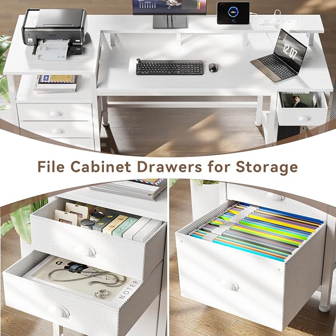Furologee 60" White Computer Desk with 4 Drawers, Power Outlet, LED Lights | Home Office Desk with Full Monitor Stand,Storage Shelves, 4 File Drawers Cabinet ,Printer Space for Study Working Bedroom