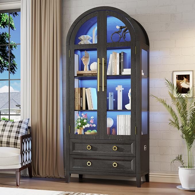 Arched Curio Cabinet with Glass Doors, 4-Tier Display Cabinet with 2 Drawers, Tall Bookcase with 3 Color Lights, Display Case, Kitchen Pantry (Black)