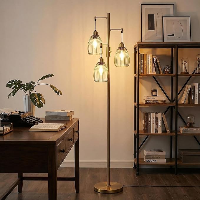 Dimmable Floor Lamp, Industrial Floor Lamps for Living Room, Antique Brass Tree Lamp Standing Lamp Tall Lamps with 3 Elegant Teardrop Cage Head & 800 Lumens LED Bulbs for Living Room Bedroom Office