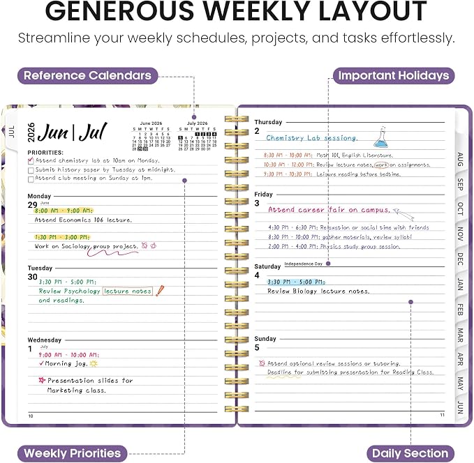 Taja Planner 2026-2027, Jul 2026-Jun 2027 Monthly & Weekly Calendar Planner | 6.3" x 8.5", Hardcover Academic Calendar, Teacher Student Agenda Book with Tabs, School Office Supplies, Purple Iris