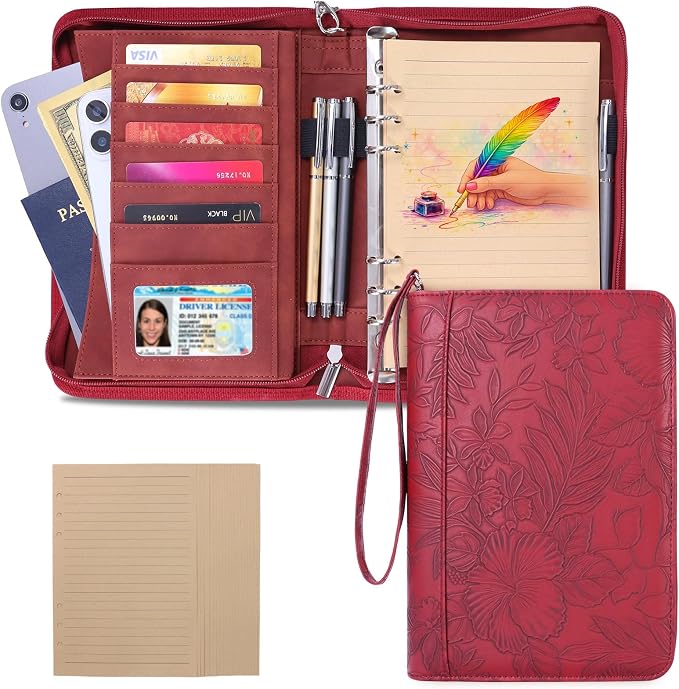 A5 Binder 6 Ring with Zipper, Portable Planner for Travel & Study | Faux leather A5 planner with detachable 6 rings, lined pages, pouches, card slots and pen holder for daily use.