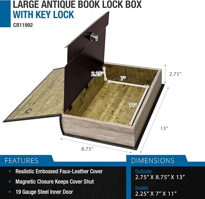 Barska Large Antique Book Lock Box with Key Lock , 8.75" x 2.75" x 13", black | Steel safe door with magnetic closure and key lock for jewelry, passports and documents