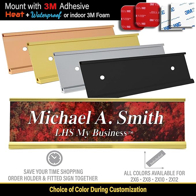 Custom Name Plate with Choice of Mounting for Walls, Doors, Cubicles, Hanging and More - Personalized Gloss Black Plastic Gold Letters - USA Made 2x12 - B3