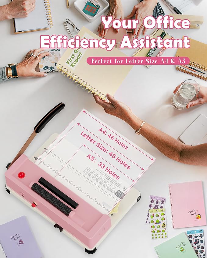 46-Hole Binding Machine Spiral Coil Binder Classic Pink,DIY Book Binder Kits with Electric Coil Inserter,100pcs Comb Binding Spines,for Letter Size/A4/A5 School Office Home