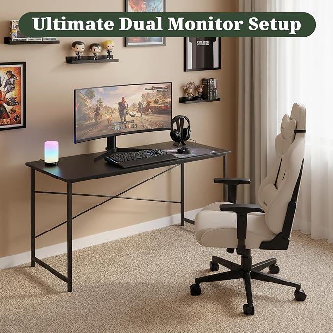 55 Inch Computer Desk, Writing Desk for Home Office Study Workspace | 265 lb Capacity, Reinforced X-Frame, Waterproof MDF Top, Scratch-Resistant Surface, Easy Assembly, Black