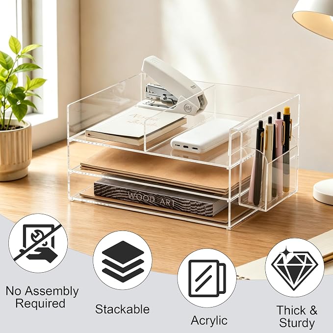 3-Tier Paper Tray Organizer & Pen Holder - Stackable Acrylic Desk Organizer | clear document sorter, vertical file holders, letter storage, workspace accessories, home, office, school, teachers, students