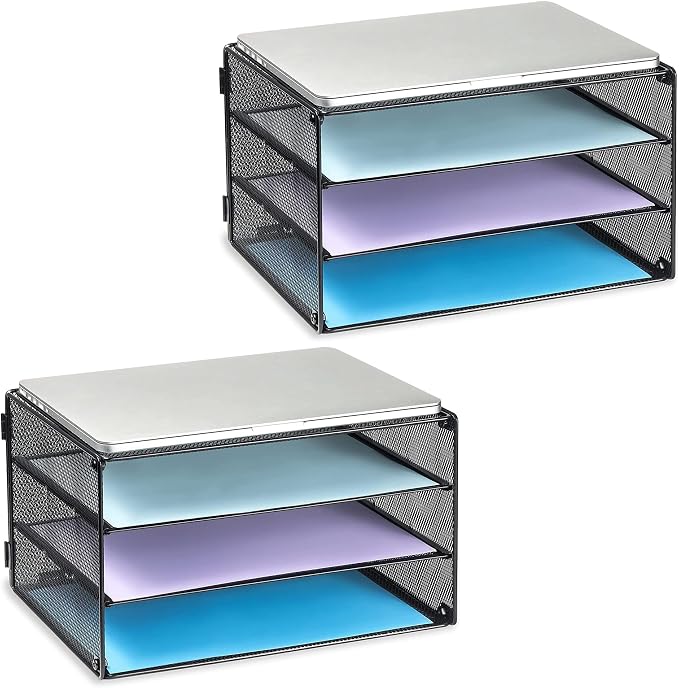 DALTACK 3 Tier Letter Tray Paper Organizer with Sliding Trays Black 2 Pack | Metal Mesh File Organizer with Sliding Trays for Letter and A4 Paper, Mail, Bills, Folders and Office Documents 2 Pack