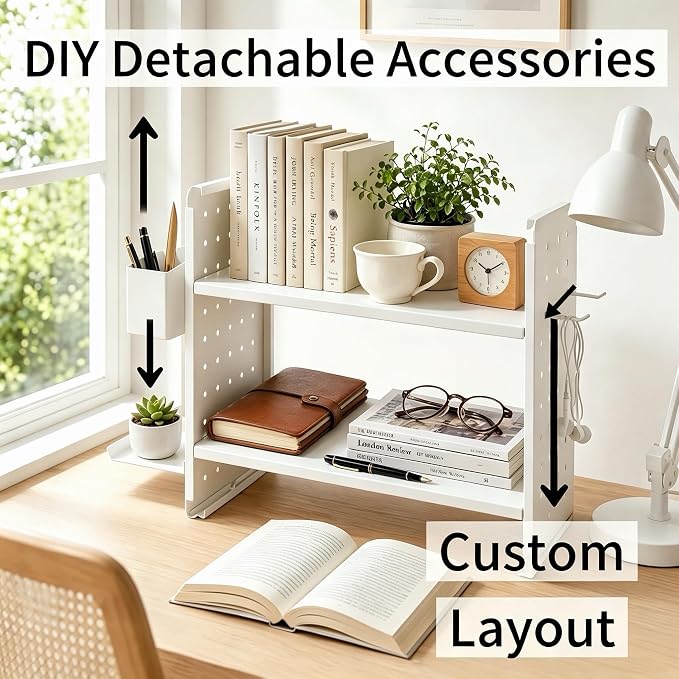 Desktop Shelf Organizer,White Desk Shelf for Dormitory Office | Shelf for Top of Desk with Pegboard Accessories,Bookshelf Supplies Storage Rack Freestanding Display for Dresser Home,2 Tier