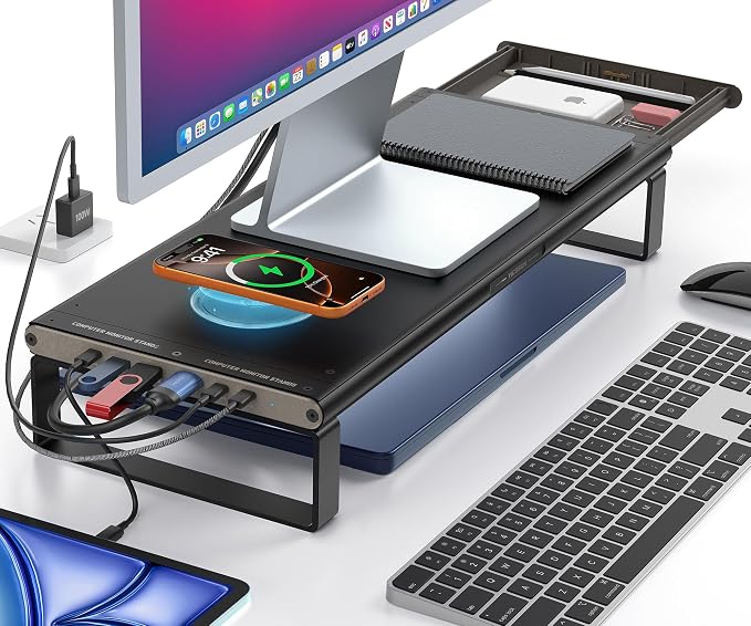 YICOSUN Monitor Stand HUB - Aluminum Riser with 6-in-1 Docking Station: 4K HDMI, USB-C, USB 3.0, PD 100W, Wireless Charging, Drawer Organizer - Black