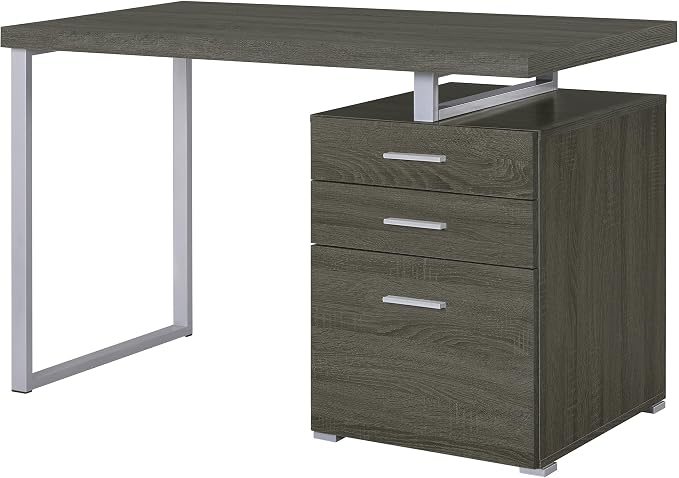 Coaster Home Furnishings Brennan Modern Contemporary Home Office 3-Drawer Writing Desk with Drawers Computer Desk Study Table File Cabinet Storage Silver Metal Frame Weathered Grey 800520