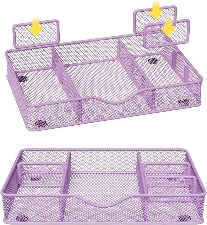 VyGrow Desk Drawer Organizer Tray, Metal Mesh Drawer Organizers Office, 6 Adjustable Compartment, Desk Organizer Tray for Home Office 12.87L x 8.73D x 1.96H inch, Black, 1PC Medium, Purple