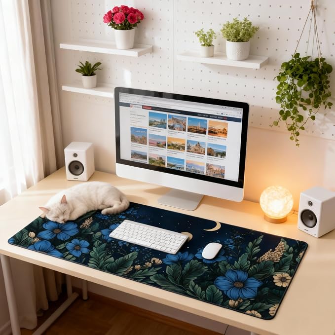 Floral Aesthetic Cosmos Gaming Mouse Pad, Black Blue Vintage Botanical Desk Mat with Anti-Slip Base & Stitched Edges,35.4" x 15.7" in Table Mat for Computer Desktop, Beautiful Workstation Decor