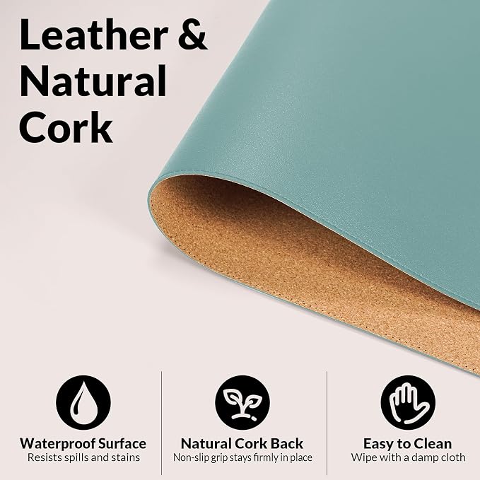 AFIING Leather Desk pad Protector, Light Blue, 35.4" x 17" | Dual-Sided Cork & PU Leather, Non-Slip, Waterproof, Large Mouse Pad for Office, Home & Gaming