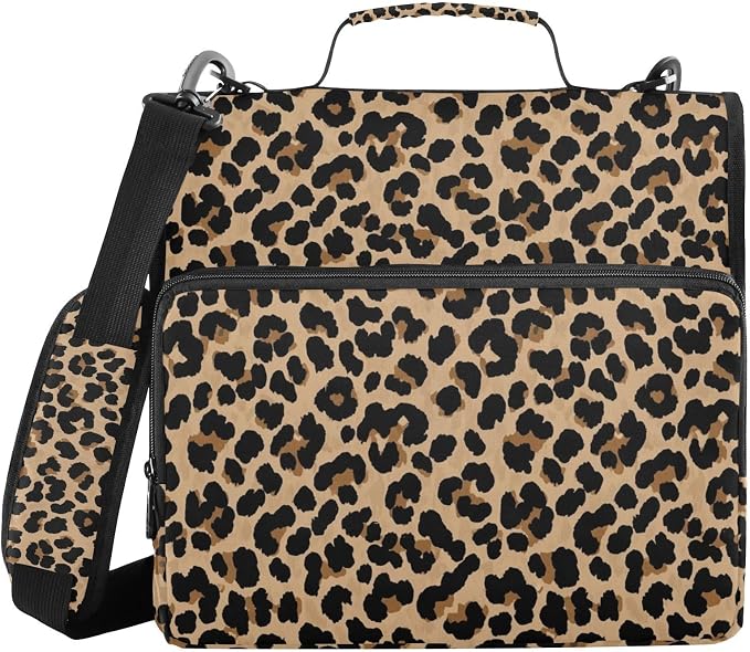 Leopard Brown Print Zipper Binder Bag 3 Ring with Shoulder Strap & Handle Multi Pocket Binder Organizer Bag Large Capacity for School Office Supplies