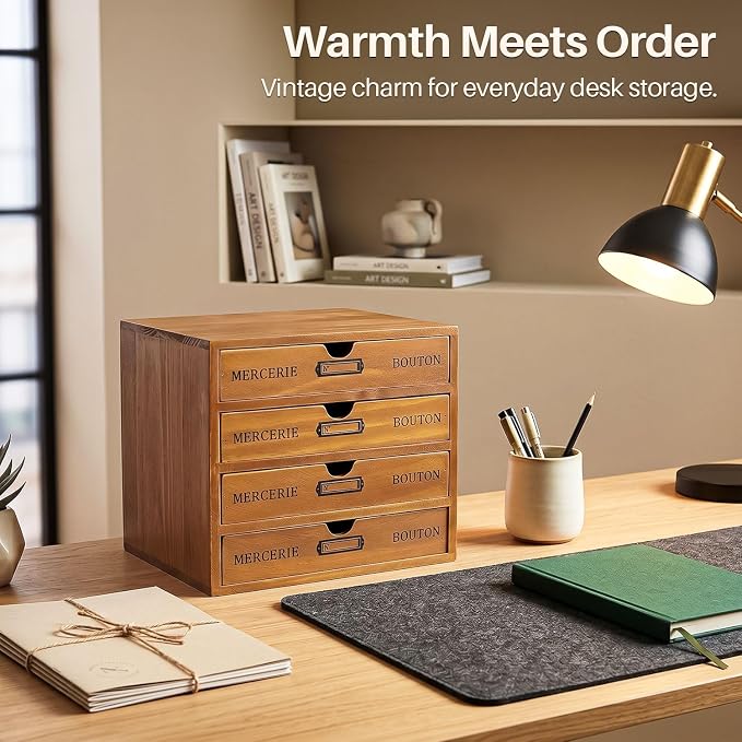 Flexzion Wooden Storage Box with 2 Drawers, Vintage Desktop Organizer | Compact Desk Organizer with Drawers for Office Supplies, Mail, Crafts and Vanity Items; 9.6 X 6.6 X 4.9 In; Fully Assembled