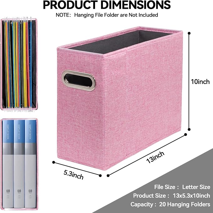4 Pack Letter Size File Storage Box Collapsible，Fabric Hanging File Folders Organizer, Portable Office Document Holder with Metal Handle, Smooth PVC Rails, Pink