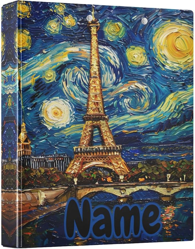 Custom 3 Ring Binder Paris Tower Skyline Night 1.5" Round Ring Binders Personalized Name View Binder with 200 Sheet for Kids School Supplies Women Men Office, 1 Pack