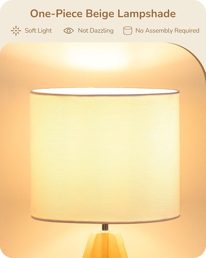 EDISHINE Small Cute Table Lamp, Wood Tripod Nightstand Lamp, 14.2 Inch | ON/Off Switch, E26 Socket, Linen Fabric Shade, Mid Century Bedside Lamp for Nursery, Living Room, Bedroom, End Table