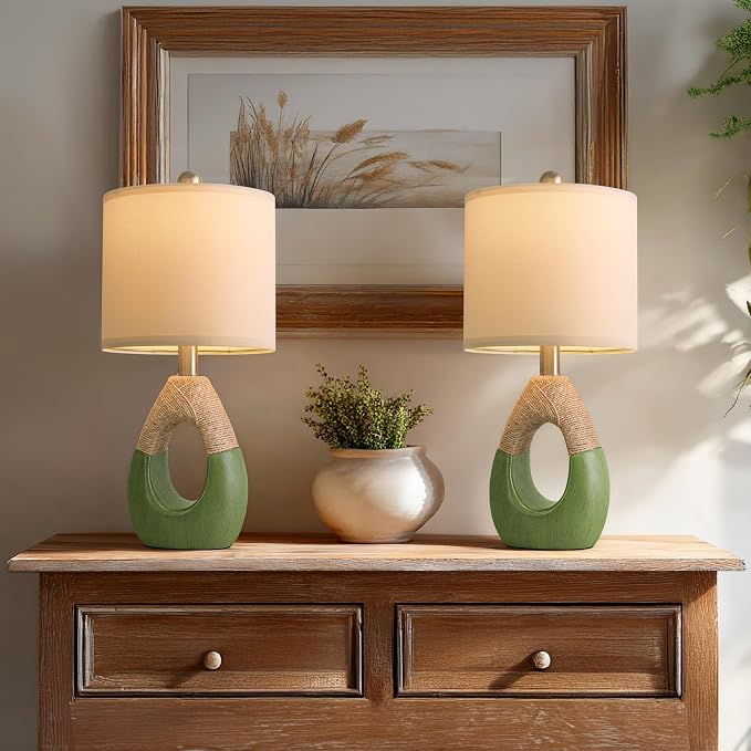 19" Table Lamps Set of 2, Bedside Lamps for Living Room, Lamps for Bedroom, Farmhouse Rattan Table Lamp, Small Space Nightstand Lighting, Rustic Home Office Decor (Green, Bulb Not Included)