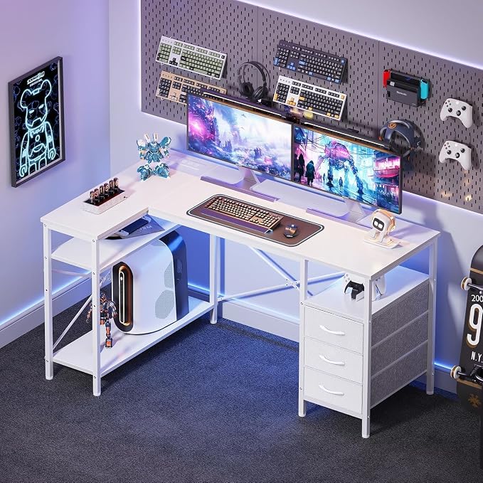 Alpen L Shaped Computer Desk, 55 Inch Corner Desk with Drawers and Power Outlets, Home Office Desk for Gaming, Study Writing PC Table with Storage and Reversible Shelf, White