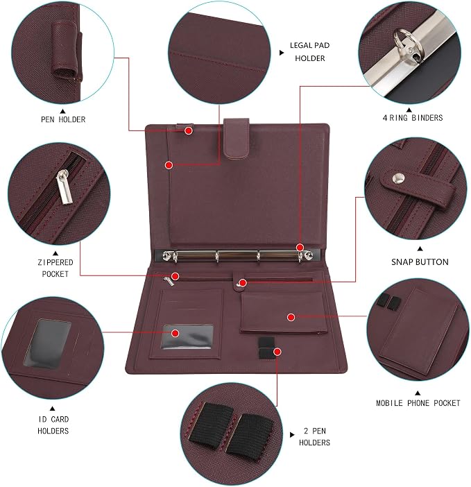 Wonderpool A4 PU Leather 3 & 4 Ring Holder Writing Portfolio Multi Document Case with Removable Binder Clipboard and Functional Pocket for Organizer Office Travel School (Coffee)