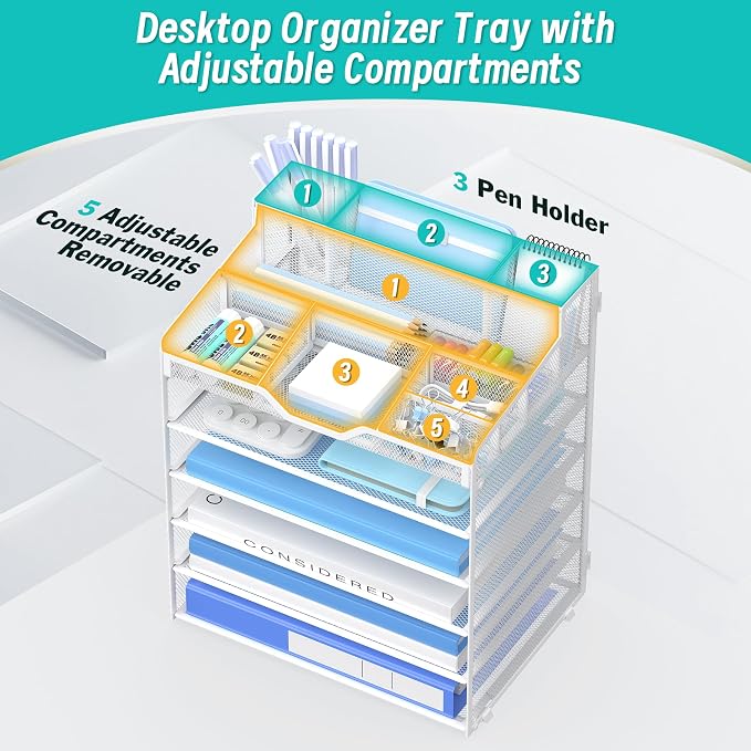 6 Tier Mesh Paper Desk Organizer with Pen Holders, White | Features 3 pen holders, and 5 adjustable compartments for office school home desk storage