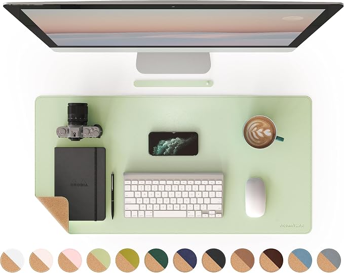 RENMTURE Dual-Sided Mouse Pad, Natural Cork & PU Leather Large Desk Pad for Office and Home Work, Desk Protector Non-Slip, Waterproof, Easy Clean (Light Green, 32"x16")